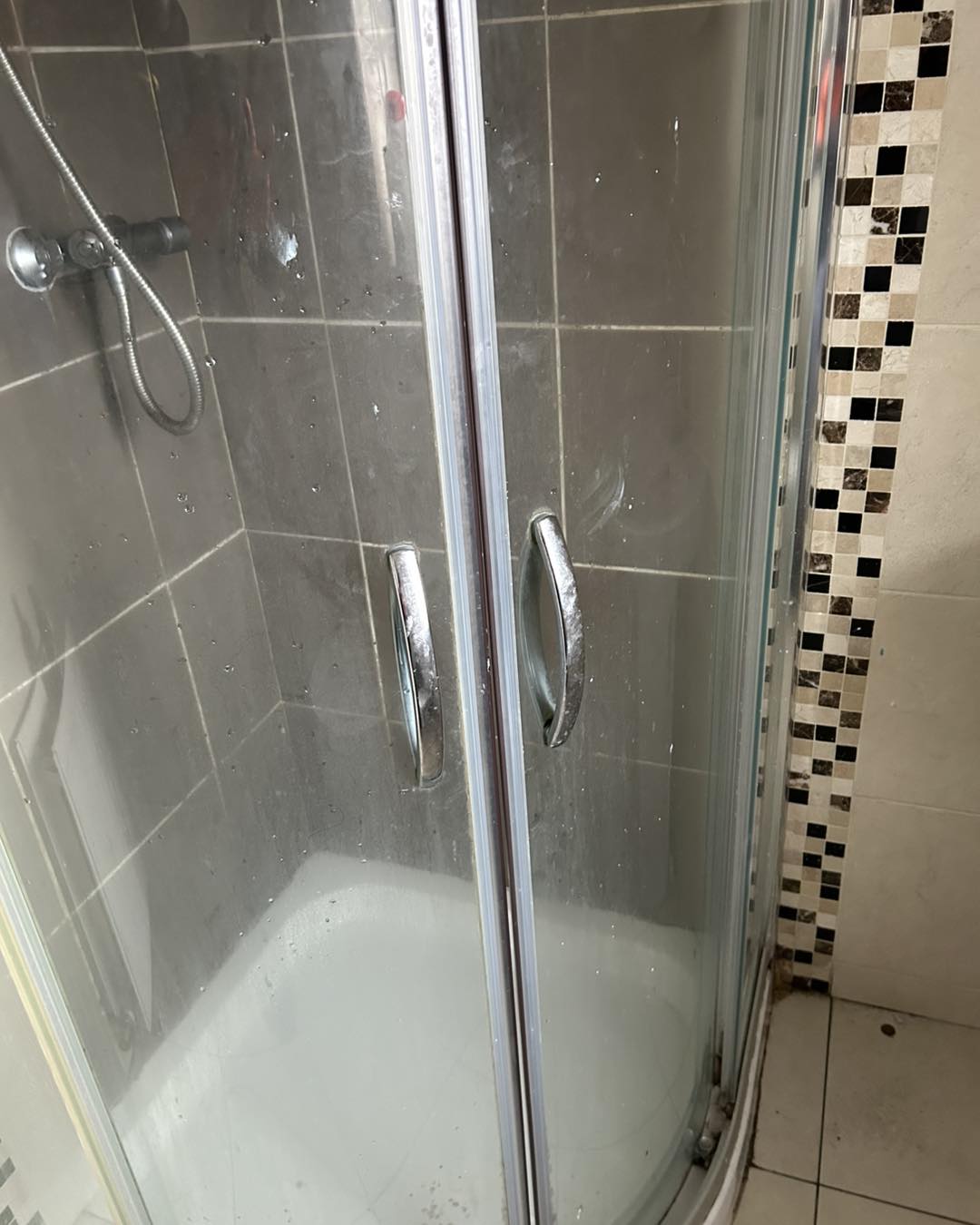 Shower freshly cleaned glass and windows before