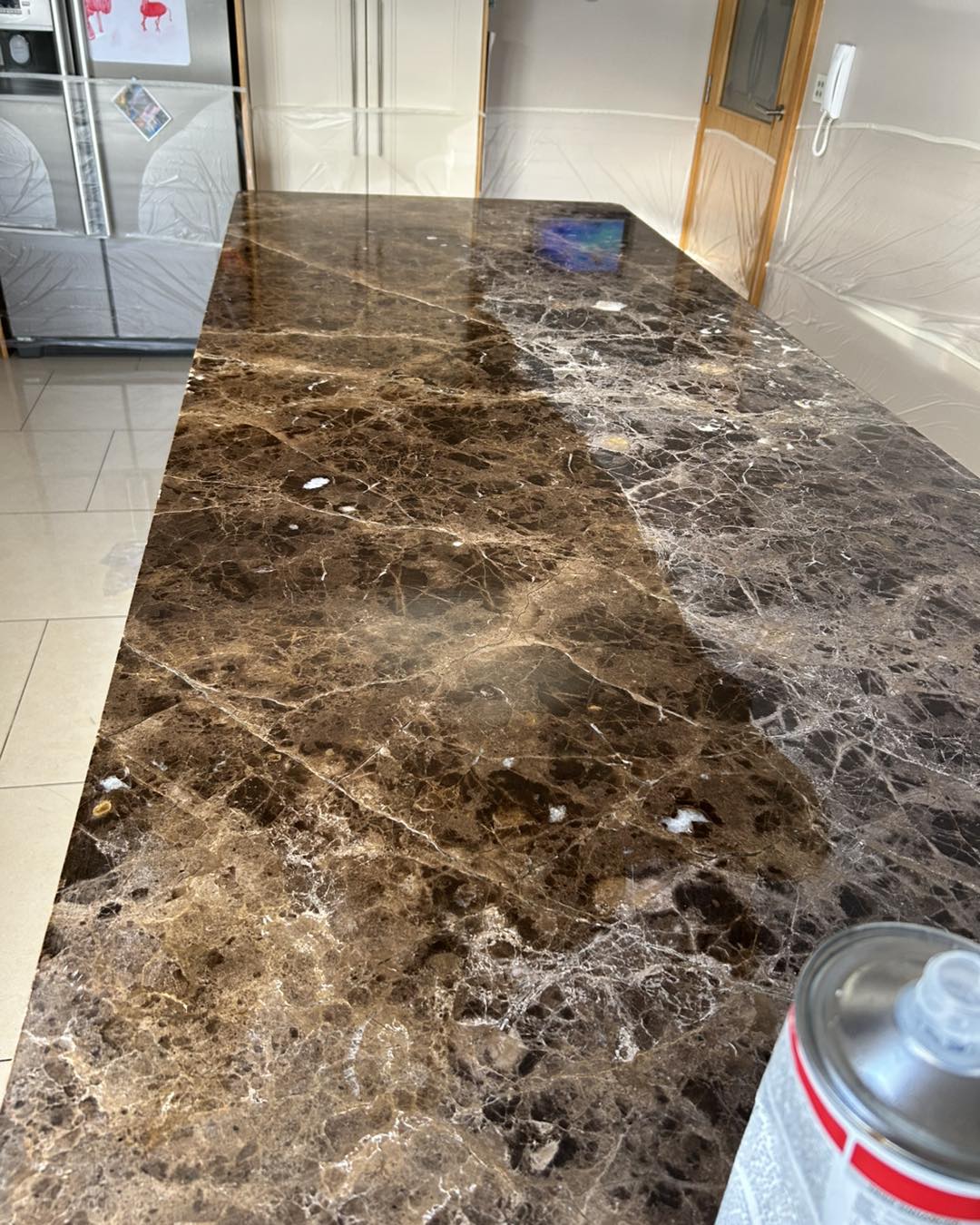 work top kitchen in process of cleaning